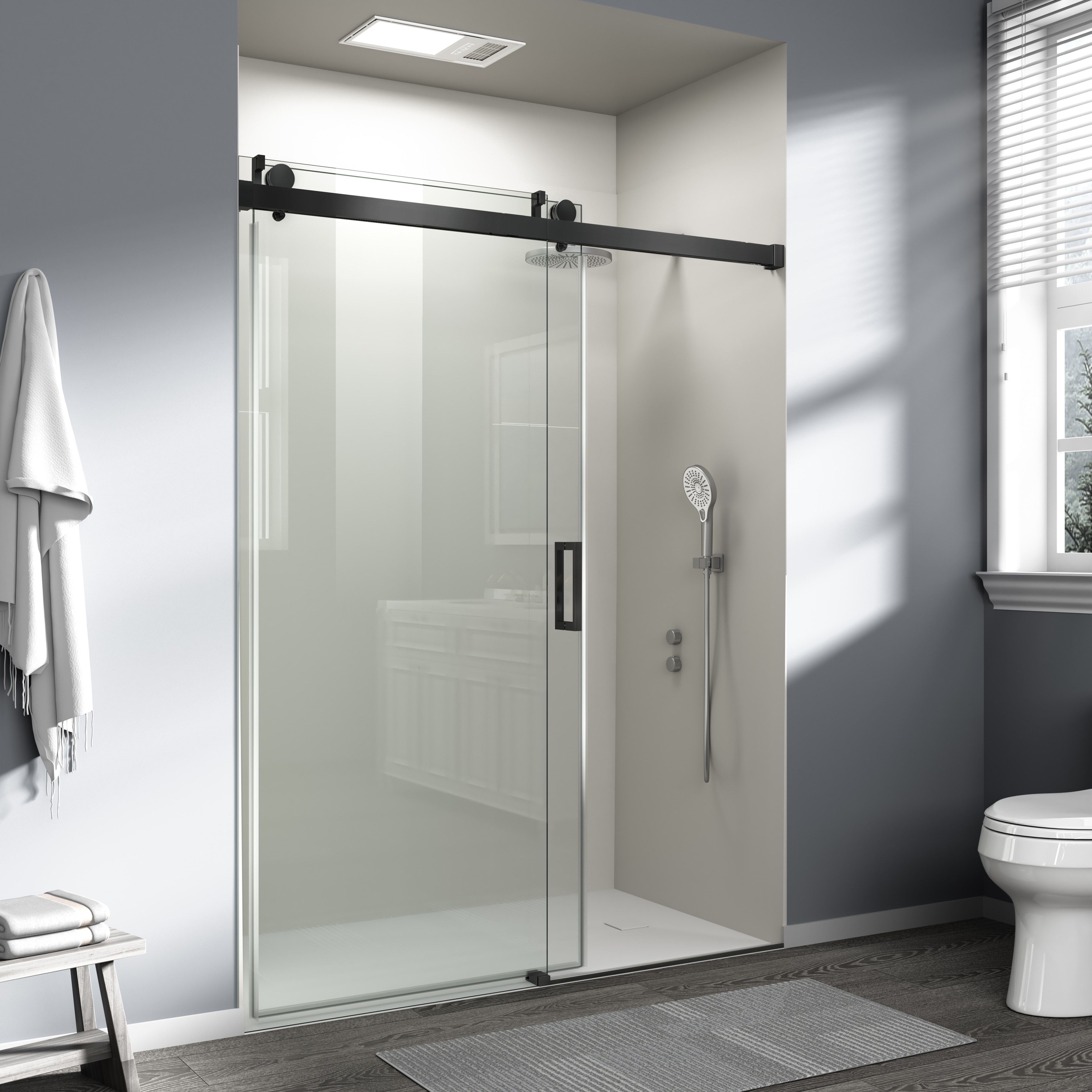 Frameless Single Sliding Shower Door Matte Black Tempered Glass_voghion.com